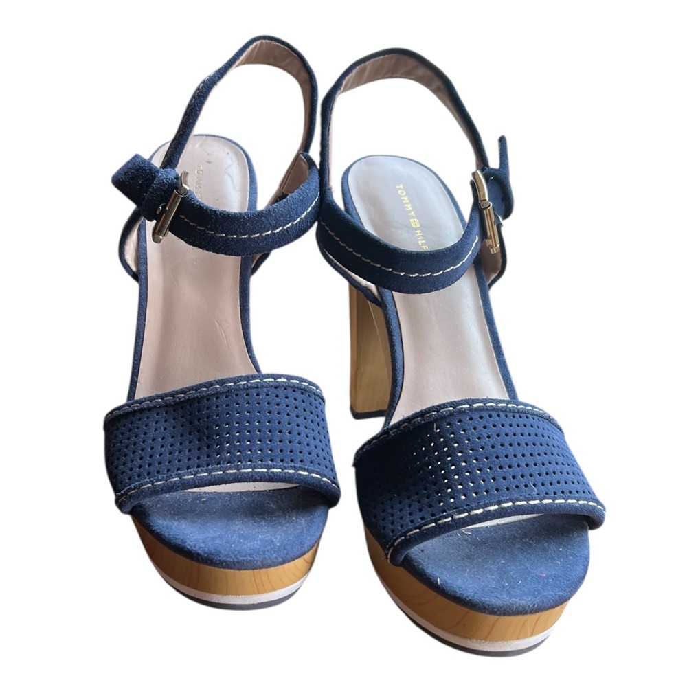 Tommy Hilfiger Weslee Blue Suede Platform Block Heel Sandals Women's 9M - Picture 2 of 5